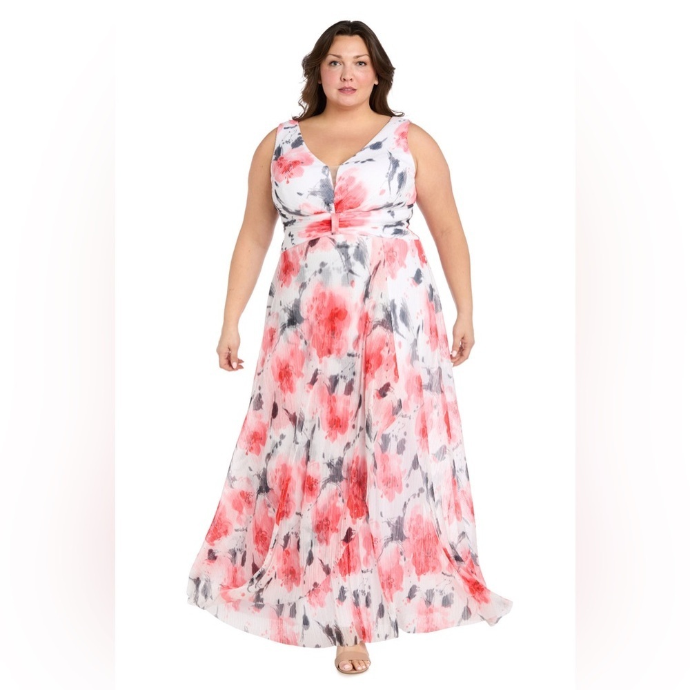 R&M Richard’s (G2) Coral and Ivory Chiffon Maxi Dress with Nude - Plus 16W